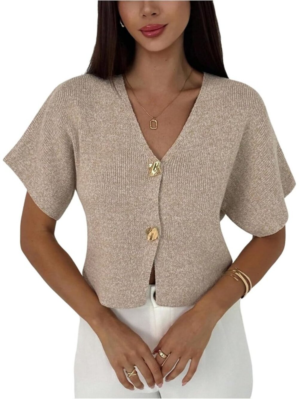 Women's Plain Khaki Short Sleeve V Neck Cardigan Button Down Knit Tops Sweater